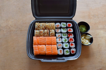 Sushi in a plastic container. Japanese food.