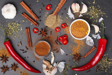 Chili peppers and other spices top view