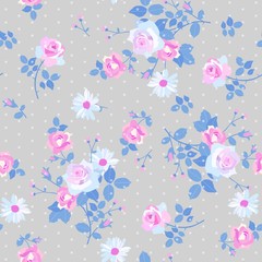 Seamless floral pattern with bunchs of gentle white and pink roses and daisy flowers on grey polka dot background. Print for fabric in country style.