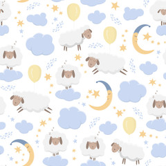Seamless pattern with cute sheeps flying on balloons and sleeping on clouds in the starry sky. Good night - vector illustration for children.  