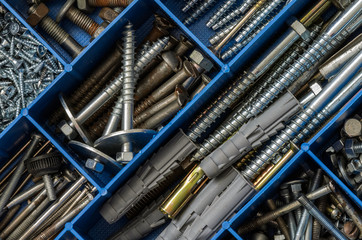 Fasteners bolts and nuts in the organizer