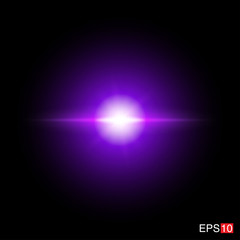 isolated purple Rays with lens flare, Sun flare, flare on the black background. Transparent Vector Illustration