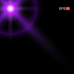 isolated purple Rays with lens flare, Sun flare, flare on the black background. Transparent Vector Illustration