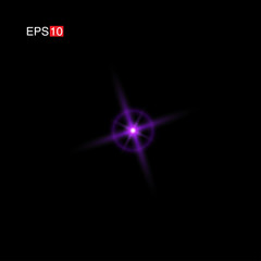isolated purple Rays with lens flare, Sun flare, flare on the black background. Transparent Vector Illustration