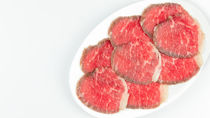 raw beef on a plate .