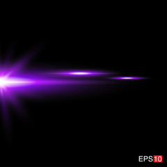 isolated purple Rays with lens flare, Sun flare, flare on the black background. Transparent Vector Illustration
