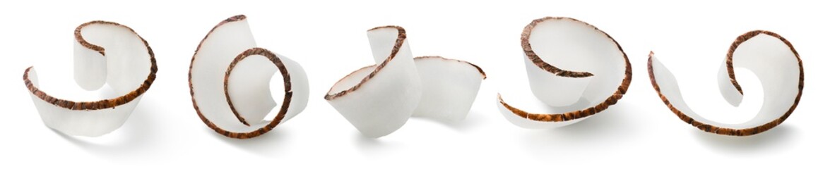 Coconut curl slices collection isolated on white background - obrazy, fototapety, plakaty