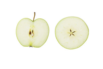 Different slices of green Apple isolated on white.