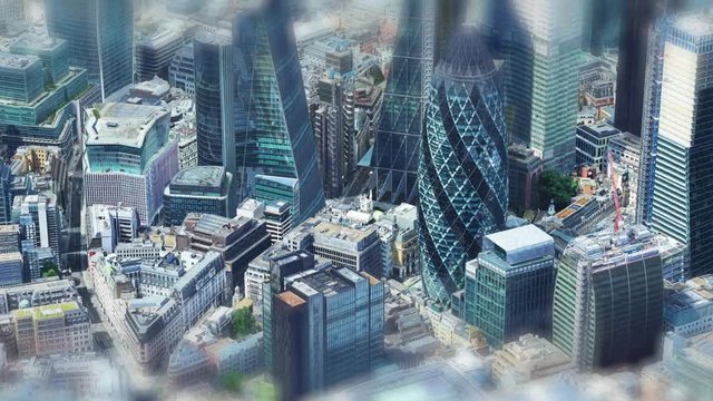 helicopter going over London buildings on a sunny day