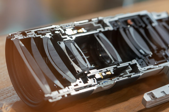 camera lens in section, close-up