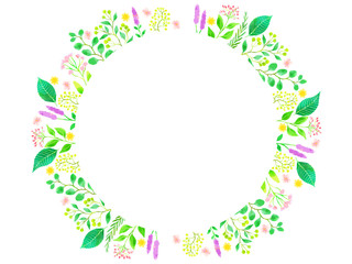 緑と花のイラストフレーム、水彩風