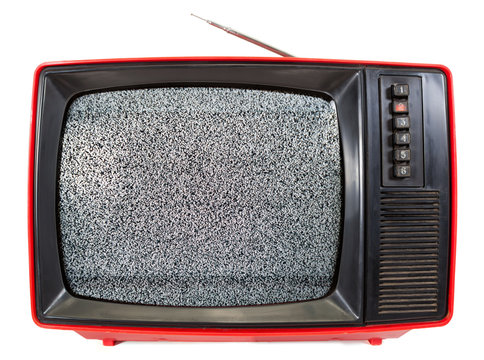 Vintage portable TV set with static noise on screen isolated on white