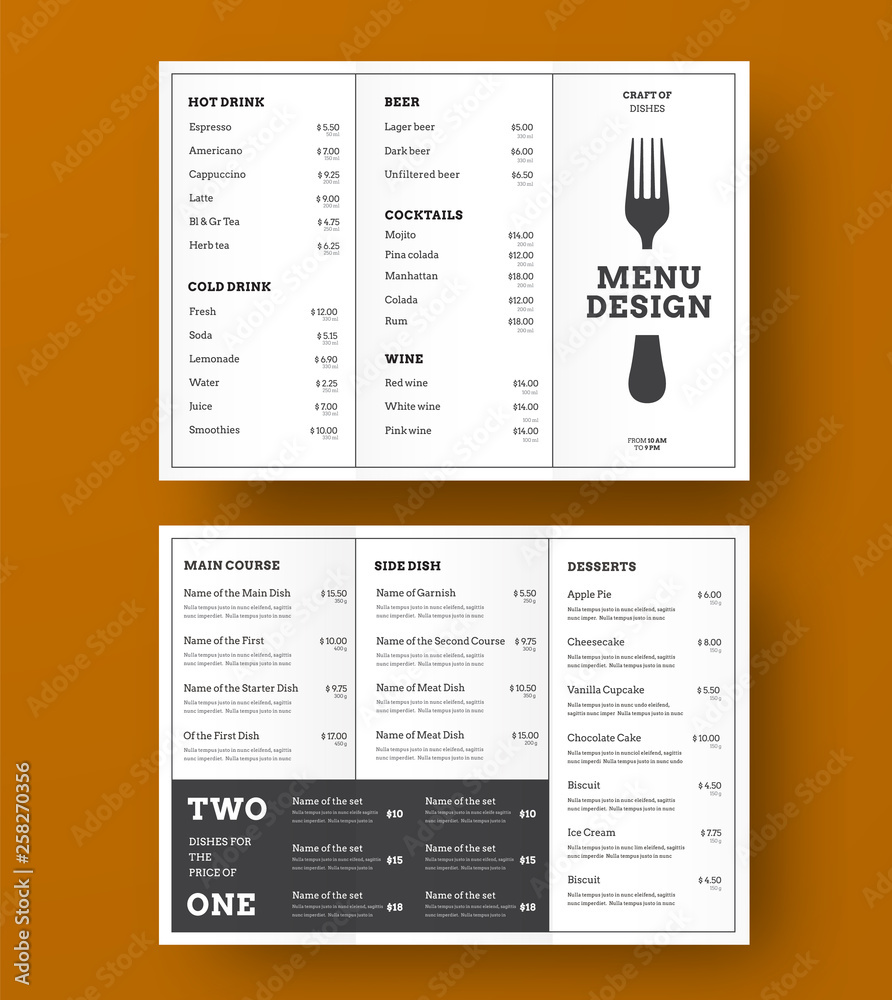 Poster Design of the vector Trifold menu for a cafe or restaurant with black stroke and blocks for text.