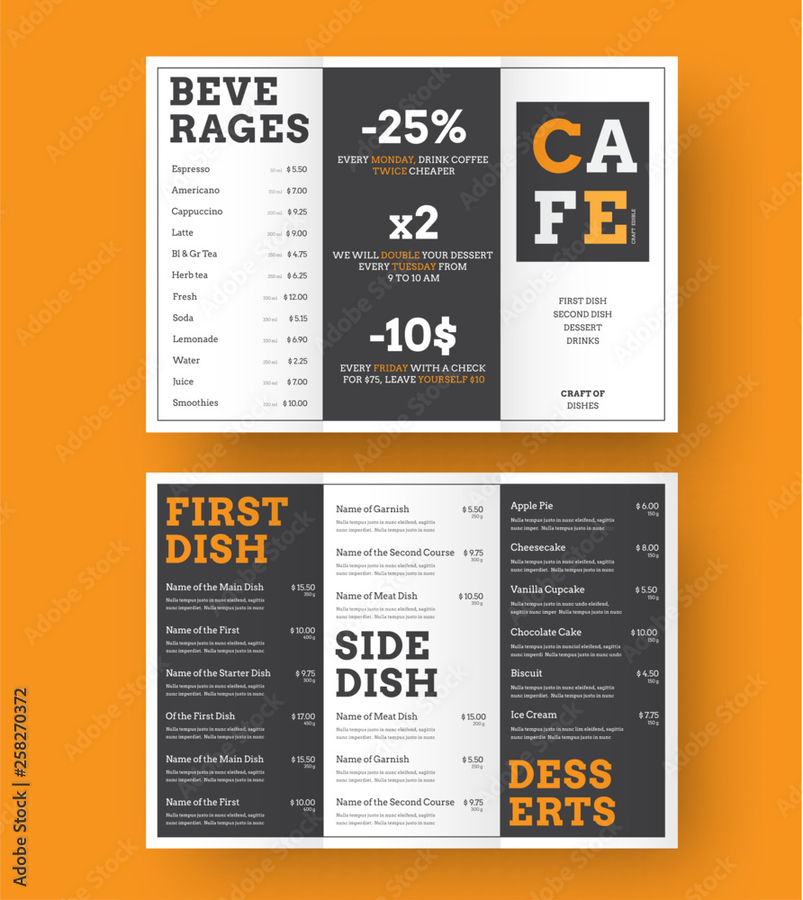 Aufkleber design of a trifold menu for cafes and restaurants with alternating black and white blocks with oran