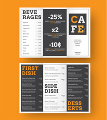 Design of a trifold menu for cafes and restaurants with alternating black and white blocks with orange elements. - obrazy, fototapety, plakaty