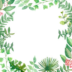 Watercolor spring lush frame of tropical branches with pink flowers branches .Framed pattern of flexible branches with pink flowers isolated on white background, with space for text.