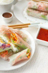 Tasty spring rolls on plate