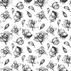 Orchids seamless pattern. Handmade pencil. Design of wallpaper, fabric. 