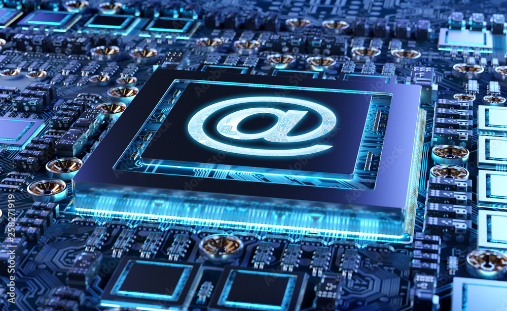 Fototapete close-up view of a modern gpu card with email icon 3d rendering