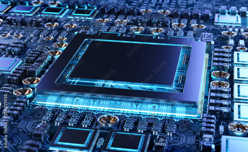 Fototapete close-up view of a modern gpu card with circuit 3d rendering