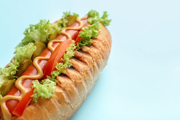 Tasty hot dog on color background, closeup