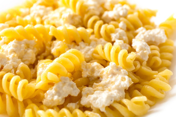 Homemade macaroni and white cottage cheese and sugar for kids