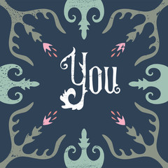 Vector hand lettered calligraphic vintage postcard, floral frame, modern art deco style, shabby chic