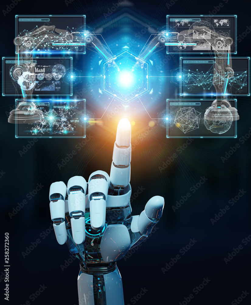 Poster white robot hand using robotics arms with digital screen 3d rendering