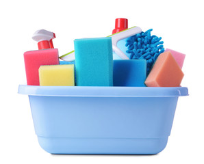 Set of cleaning supplies on white background