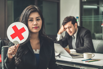 Female human resource manager decline the employment candidate who failed interviewing, sitting in...