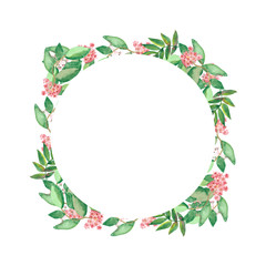 Watercolor hand painted round border frame with green eucaliptus leaves and pink blossom flowers for invitations and greeting cards with the space for text
