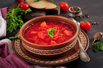 Traditional Ukrainian Russian borscht or red soup on the  bowl.