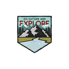Vintage hand drawn adventure logo with mountains, river and quote - Go outside and explore. Old style outdoors adventure patch. Retro emblem graphic. Stock vector isolated