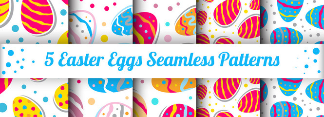 Five Colorful Seamless Patterns with Spring Easter Eggs