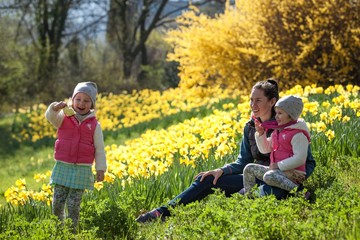 cute twin sisters, embrace on a background field with yellow flowers, happy cute and beautiful sisters having fun with mother in yellow flowers in spring in park, cheerful holidays outdoors