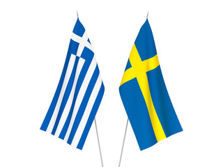 National fabric flags of Greece and Sweden isolated on white background. 3d rendering illustration.