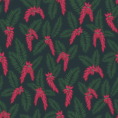 bright fuchsia flowers and palm leaves forming a midnight glorious garden with a dark background