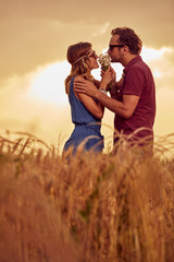 Fototapeta na wymiar Couple in sunset / sunrise time in a wheat field.