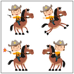 Set of funny boy in cowboy suit riding horse in different poses isolated on white background.