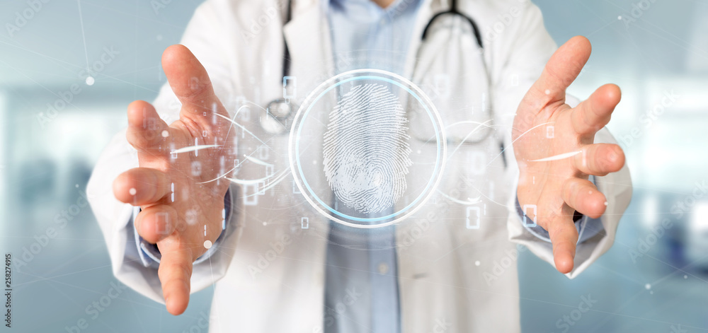 Poster doctor holding a digital fingerprint identification and binary code 3d rendering