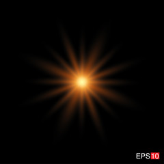 isolated orange Rays with lens flare, Sun flare, flare on the black background. Transparent Vector Illustration