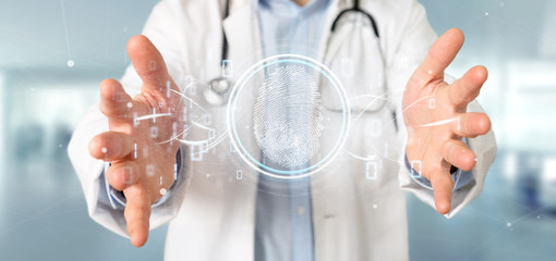 Doctor holding a Digital fingerprint identification and binary code 3d rendering