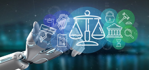 Cyborg hand holding Cloud of justice and law icon bubble with data 3d rendering