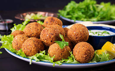 Falafel, hummus and pita. Middle eastern or arabic dishes on a dark background. Halal food.