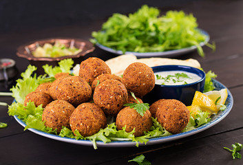 Falafel, hummus and pita. Middle eastern or arabic dishes on a dark background. Halal food.