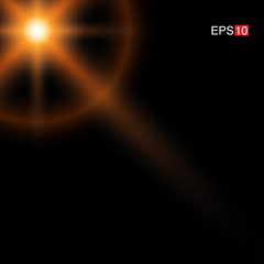 isolated orange Rays with lens flare, Sun flare, flare on the black background. Transparent Vector Illustration