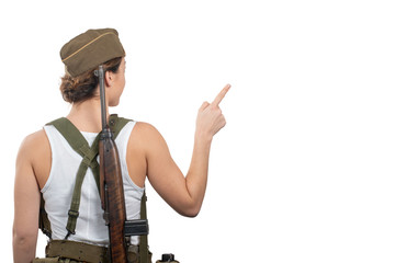 back view of young woman dressed in American ww2 military uniform showing empty blank signboard