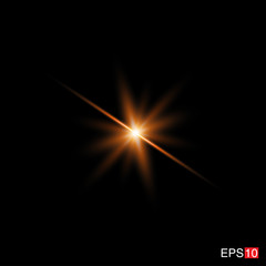 isolated orange Rays with lens flare, Sun flare, flare on the black background. Transparent Vector Illustration