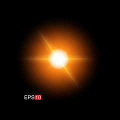 isolated orange Rays with lens flare, Sun flare, flare on the black background. Transparent Vector Illustration