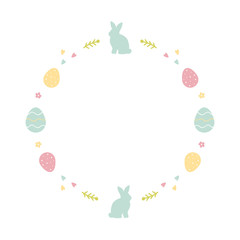 Cute pastel colors cartoon round frame for spring, easter design with decorated eggs and easter bunnies.